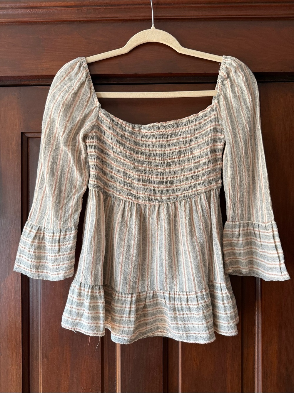 Promesa Striped Smocked Peasant Top - Cream and Light Blue